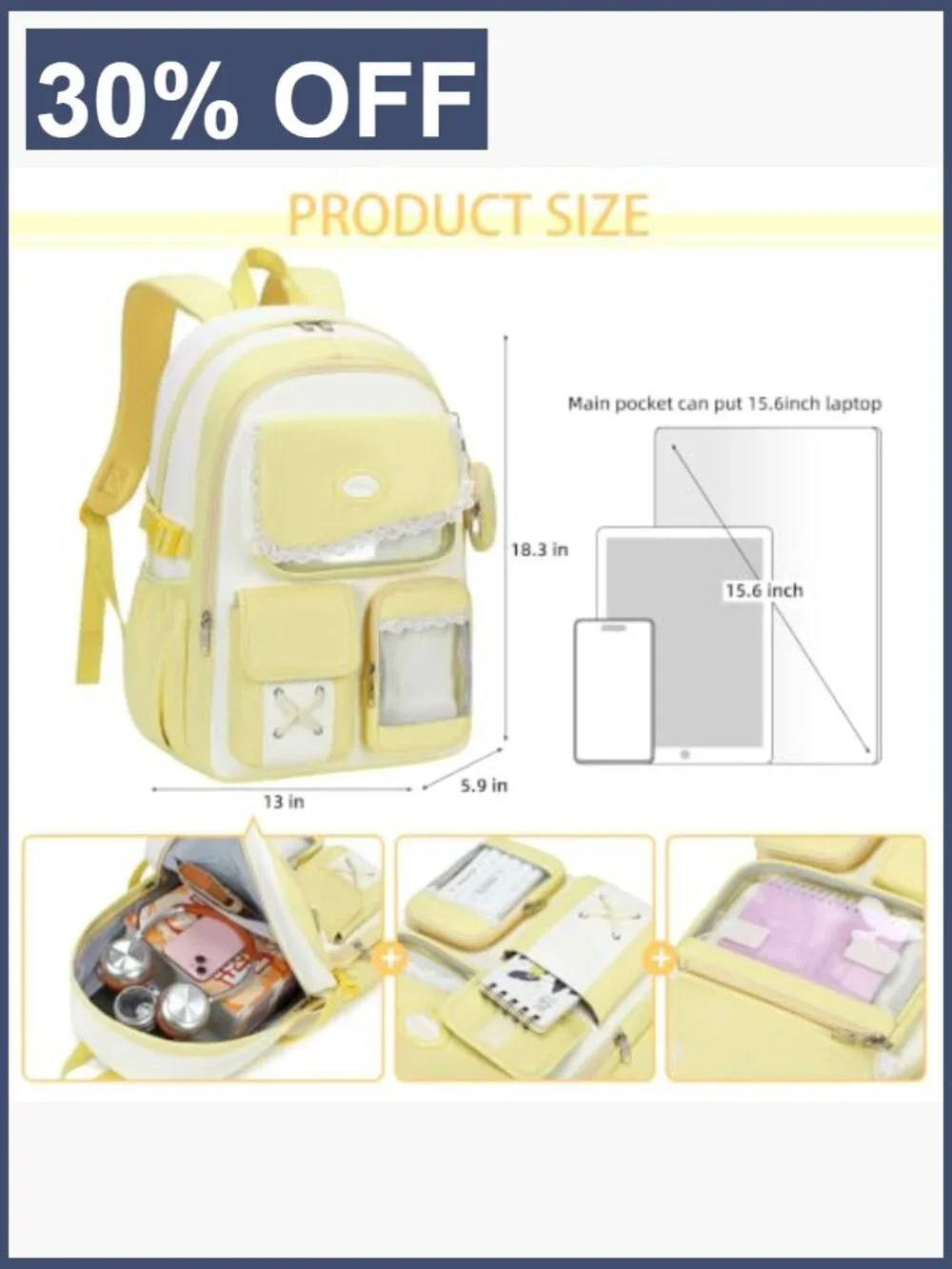 Kids Backpack with Lace Trim, Detachable Coin Purse, 15.6'' Laptop Compartment,